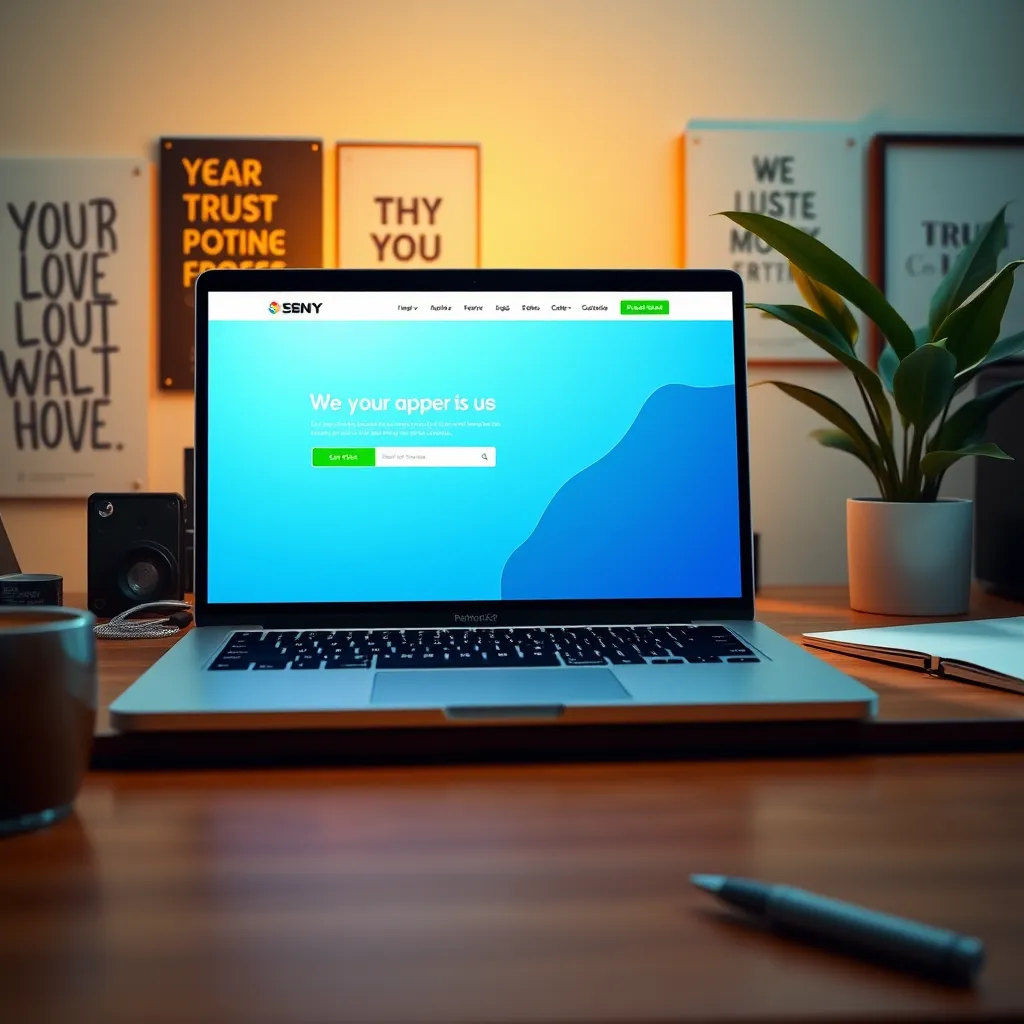A beautifully designed promotional landing page on a sleek laptop screen. The composition focuses on the laptop at the center with a vibrant, eye-catching layout displayed. Soft diffused lighting illuminates the screen, creating a warm and inviting atmosphere. The color palette features blue and green tones, conveying trust and freshness. The camera angle is slightly above eye level to provide a dynamic perspective. The laptop sits on a wooden desk surrounded by motivational posters and a potted plant, adding a touch of creativity. Textures include polished wood and smooth metal, enhancing a professional look. Include elements like a coffee mug and a pen to illustrate productivity. The overall image is hyperrealistic, in 8K resolution, emphasizing detail in the laptop's screen and surrounding elements.