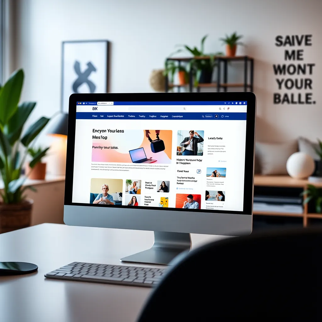 A beautifully designed sales page on a computer screen displaying an appealing layout with vibrant colors, engaging images, and organized sections. A stylish home office setting in the background, complete with plants and inspirational quotes on the wall.