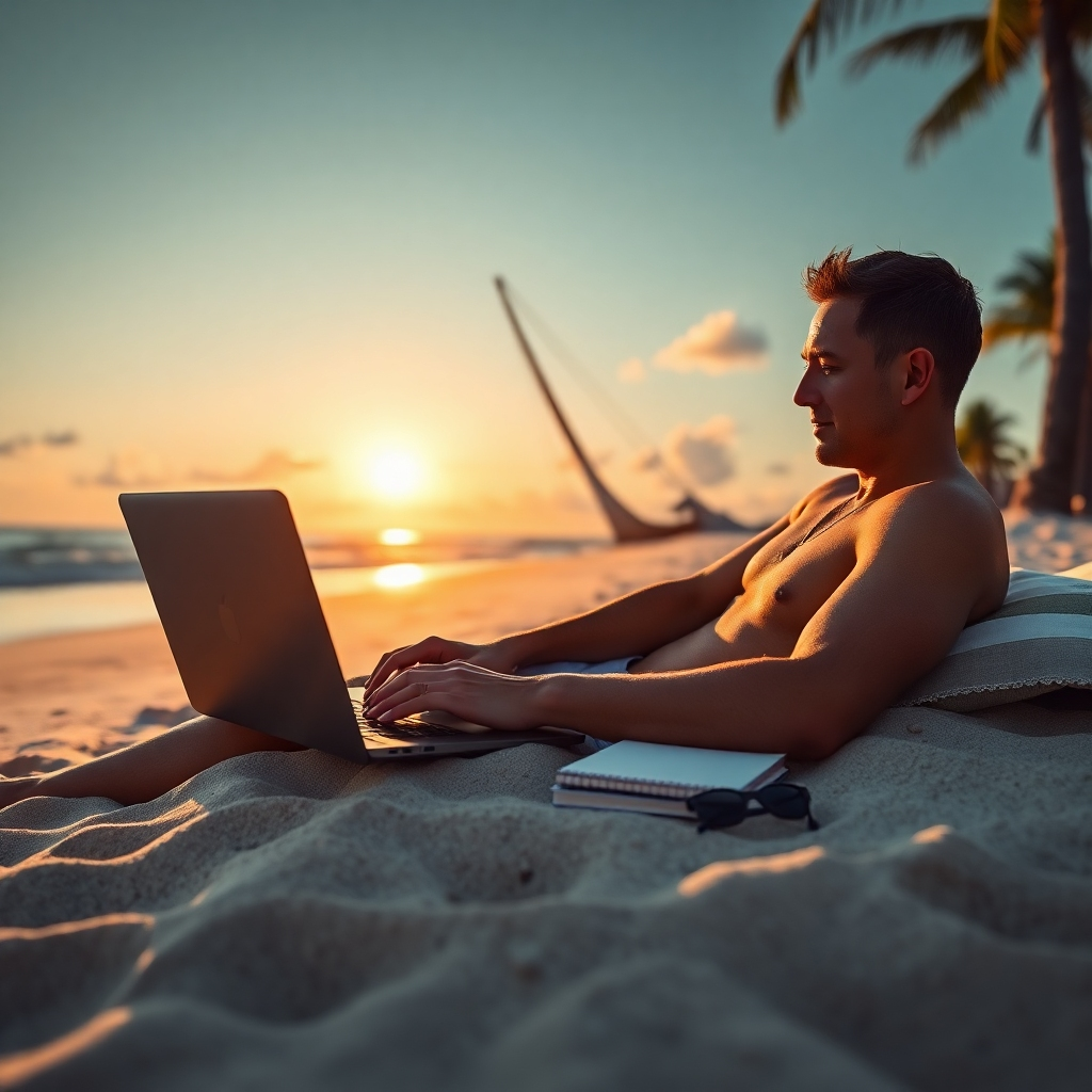 A calm, serene scene depicting an individual relaxing on a beach with a laptop, embodying the freedom that comes with passive income. Dramatic side lighting from the setting sun casts long shadows on the sand, enhancing the tranquil mood. The color palette includes soft golds and blues, evoking a sense of peace. A close-up perspective captures the user's absorbed expression while they browse their earnings. Textured sand contrasts with the smooth surface of the laptop. Environmental elements include gentle waves lapping at the shore and palm trees softly swaying in the breeze. Props include a notebook and sunglasses nearby, suggesting a lifestyle of leisure and success. This image should be rendered in ultra-detailed quality, highlighting the interplay of light and shadow in a photorealistic style.