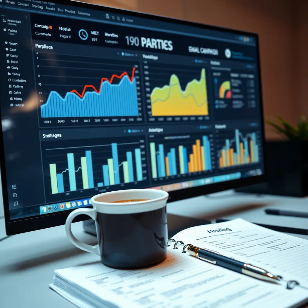 A close-up of a computer screen showing detailed analytics graphs and charts focused on email campaign performance. In the foreground, a planner with notes and a coffee cup is visible, emphasizing a strategic approach to marketing.