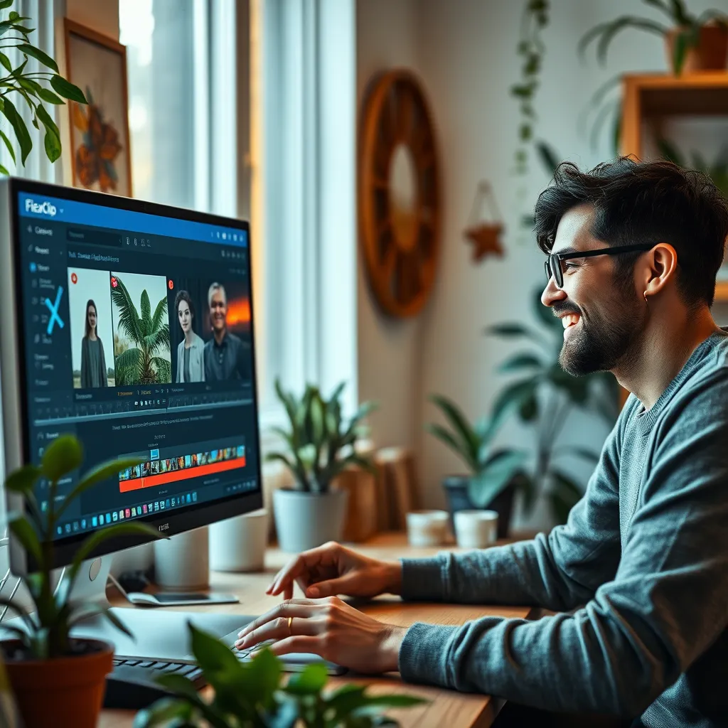 A close-up of a computer screen displaying the FlexClip A.I. editing interface with smart suggestions visible, alongside a satisfied user casually working with focused concentration in a cozy home office filled with plants and artistic decorations.