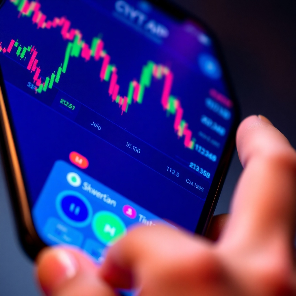 A close-up of a smartphone screen displaying the Crypto App interface. The design should show vibrant charts and a user-friendly layout with buttons and options for trading cryptocurrencies. Include a hand interacting with the screen to illustrate ease of use.