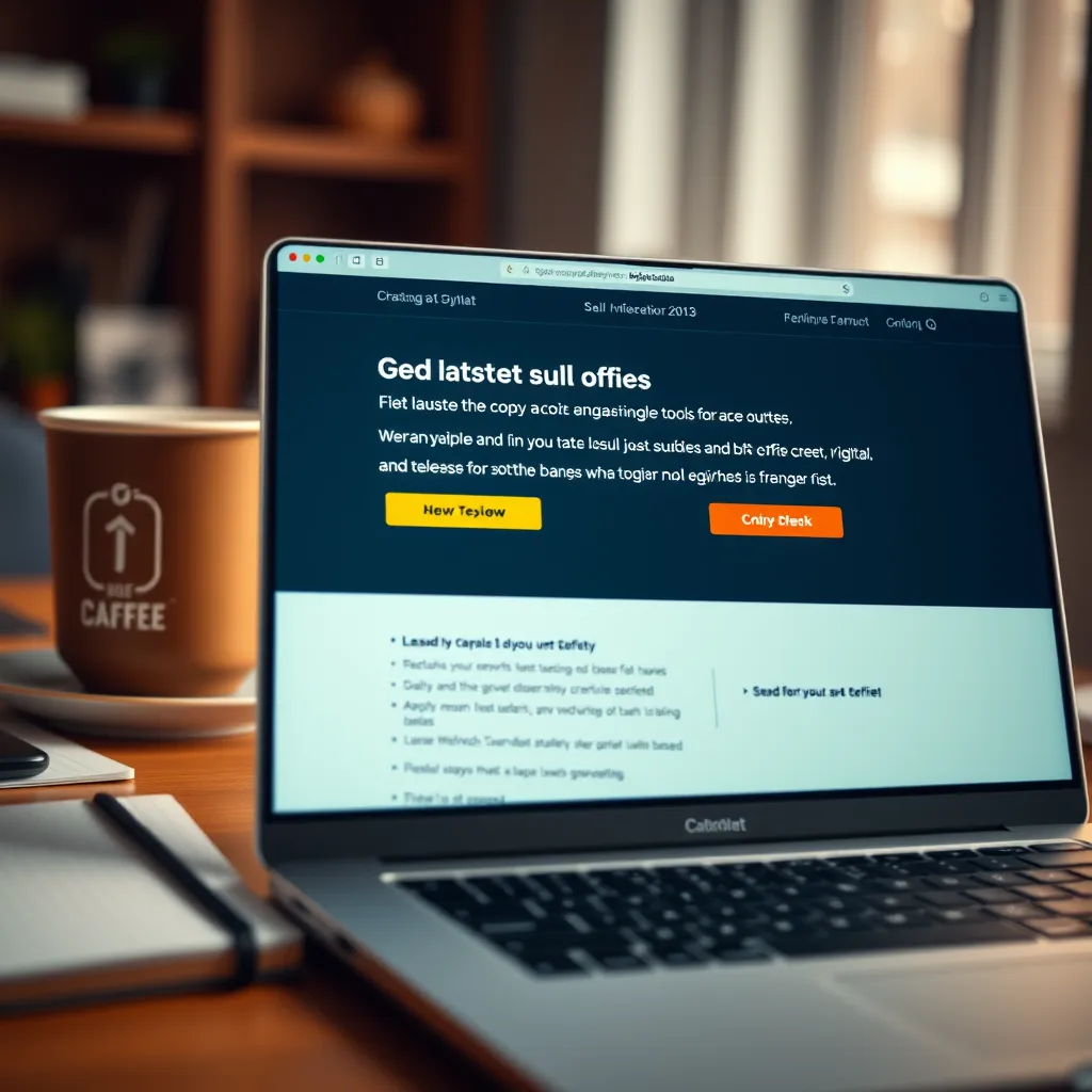 A close-up of a well-designed sales page on a laptop screen, showcasing engaging copy and bright call-to-action buttons. The background should feature a cozy working environment with a coffee cup and a notepad. The focus is on creativity and digital marketing.
