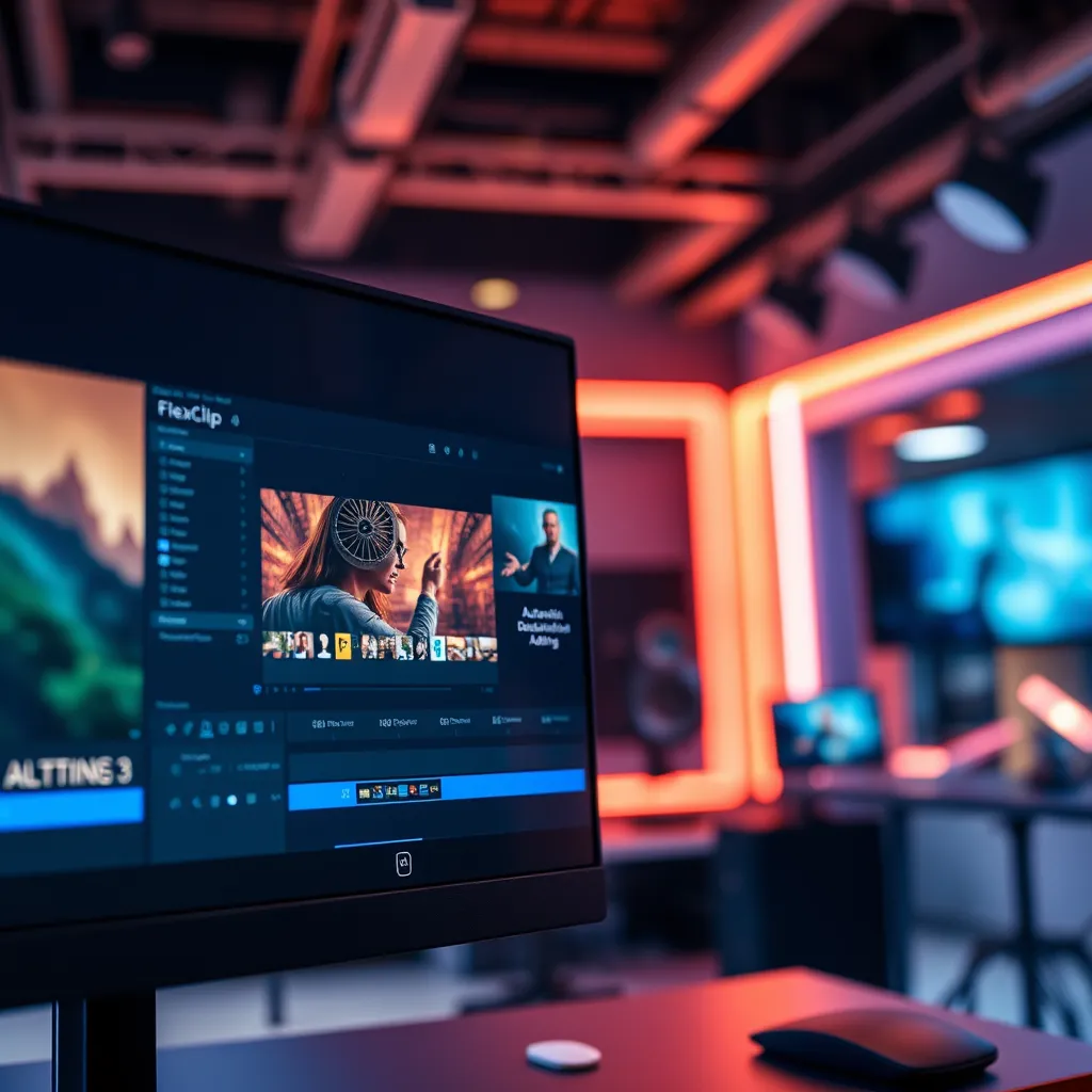 A close-up shot of a computer screen displaying the FlexClip A.I. video editing software with highlighted features like automatic scene detection and smart cropping. The background shows a modern editing studio with vibrant lighting and sleek equipment.