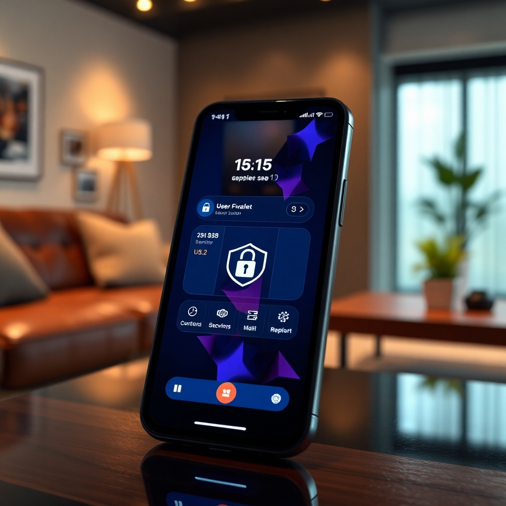 A close-up shot of a high-tech digital wallet interface displayed on a smartphone. The screen glows with vivid colors, showcasing a user-friendly design with security features prominently visible. The setting is softly illuminated by ambient light, creating a sense of security and innovation. A luxurious background featuring a modern living space complements the image, with a soft-focus on contemporary furniture and decor. Rich textures such as leather from a sofa and wood from a coffee table provide warmth to the scene. The camera angle is slightly tilted to emphasize the phone's screen while capturing reflections and shadows realistically. The mood is sleek and inviting, with an ultra-high definition quality that enhances every detail, presented in 8K resolution.