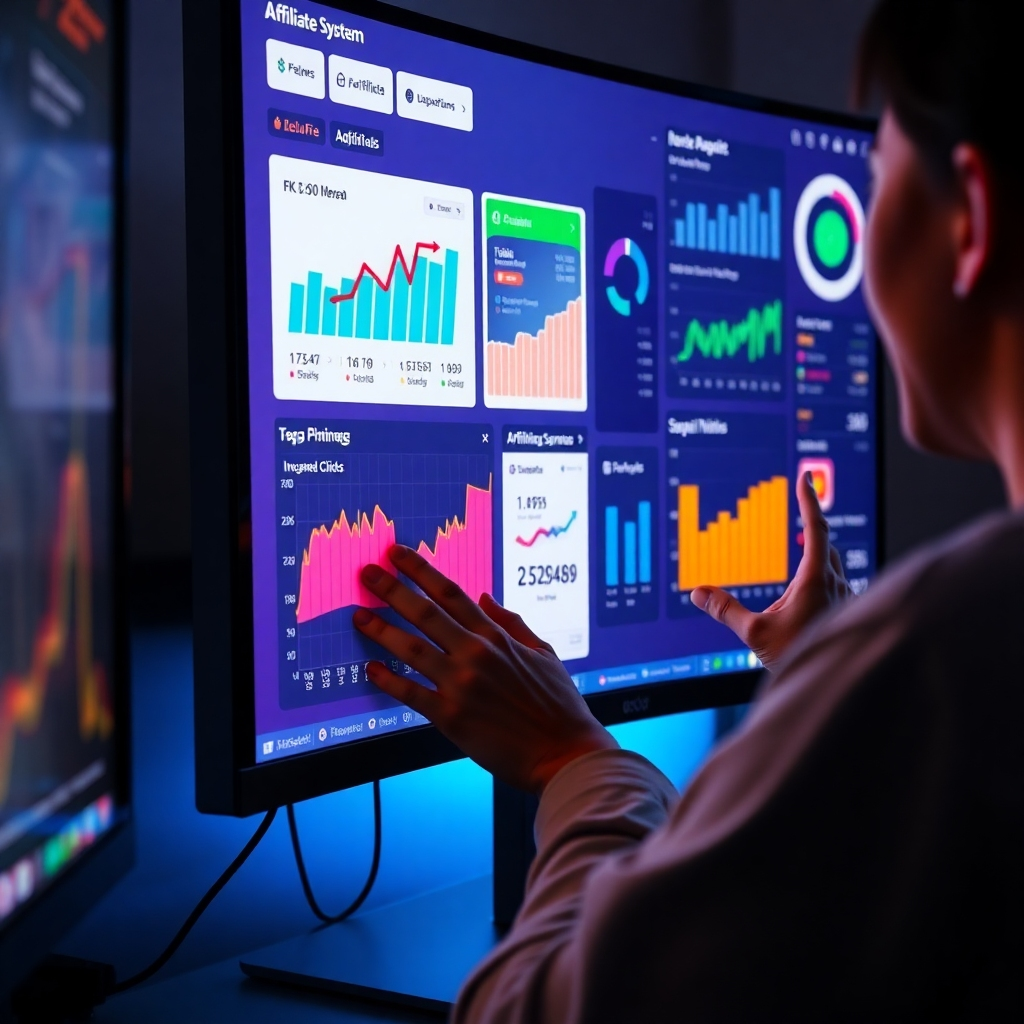 A close-up view of a computer screen displaying a colorful, user-friendly dashboard of the OLSP Affiliate System. The interface shows various metrics like income graphs, clicks, and affiliate performance, with a person cheerfully navigating it.