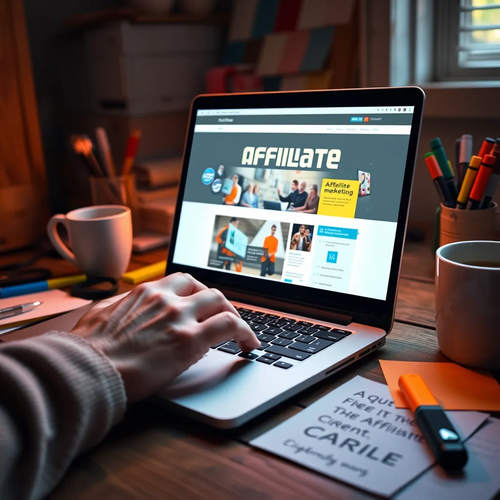 A close-up view of a hand typing on a laptop keyboard, with bright, engaging affiliate marketing content displayed on the screen. Surrounding are notes, highlighters, and coffee cups, creating a creative and inspiring workspace atmosphere.