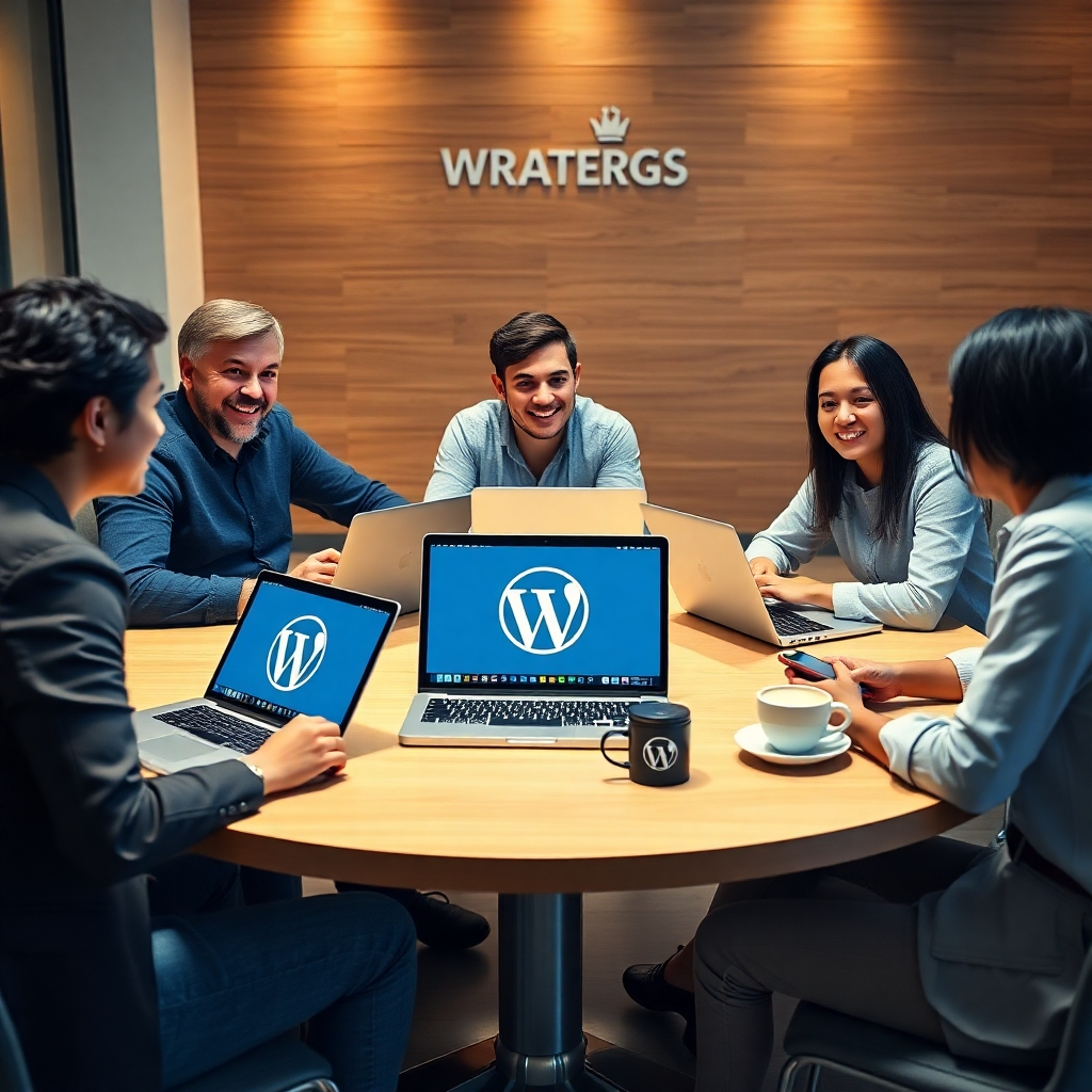 A collaborative scene featuring a diverse group of people discussing WordPress strategies at a round table. Include laptops with WordPress graphics, coffee cups, and friendly faces, symbolizing community and support in a positive environment.