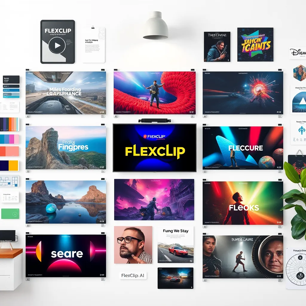 A colorful and organized mood board displaying various customizable video templates from FlexClip A.I., surrounded by design elements like color swatches, fonts, and illustrations, creating an inspiring atmosphere for creativity.