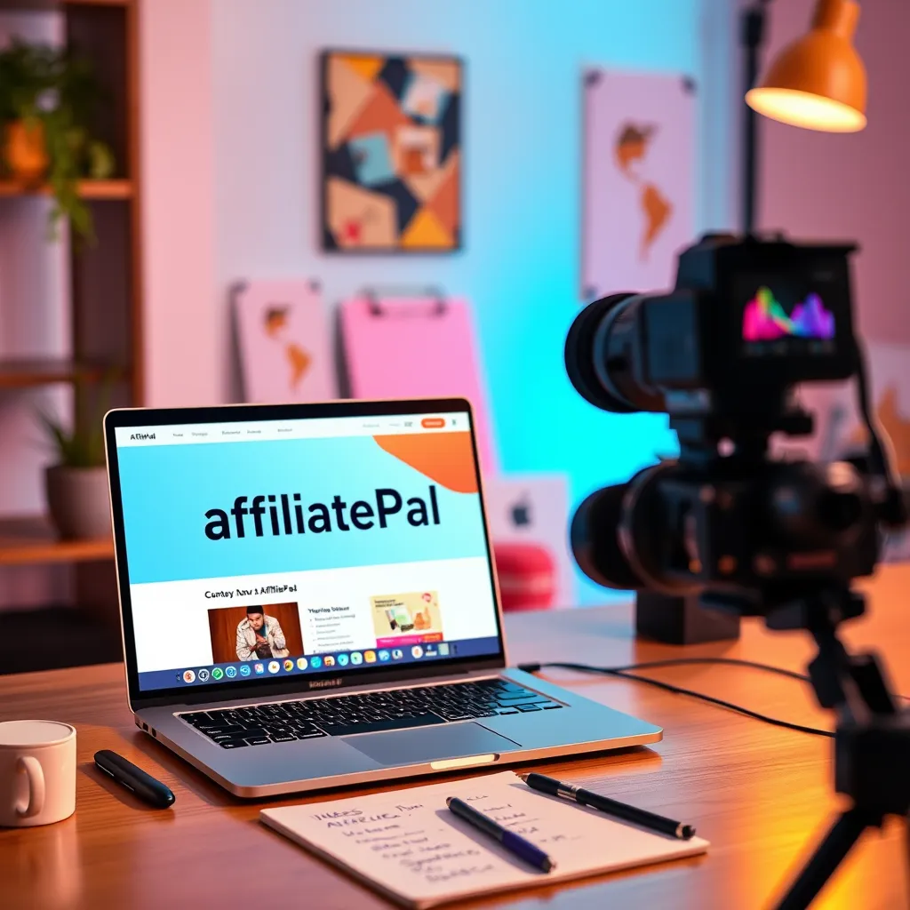 A colorful scene of a content creator filming a video about AffiliatePal in a modern workspace setting. Include elements like a laptop with AffiliatePal's website open, notepad with ideas, and a microphone, reflecting a professional yet creative environment.