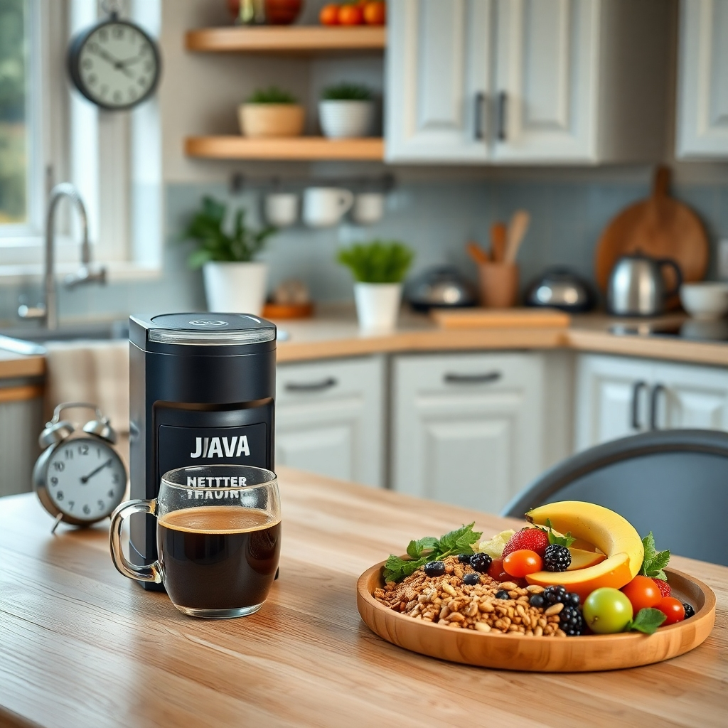 A cozy kitchen setting featuring a breakfast table with JAVA Burn Coffee and a healthy, balanced meal next to it. Include visual cues like a clock and a plate with fruits and grains, symbolizing appetite control and mindful eating.