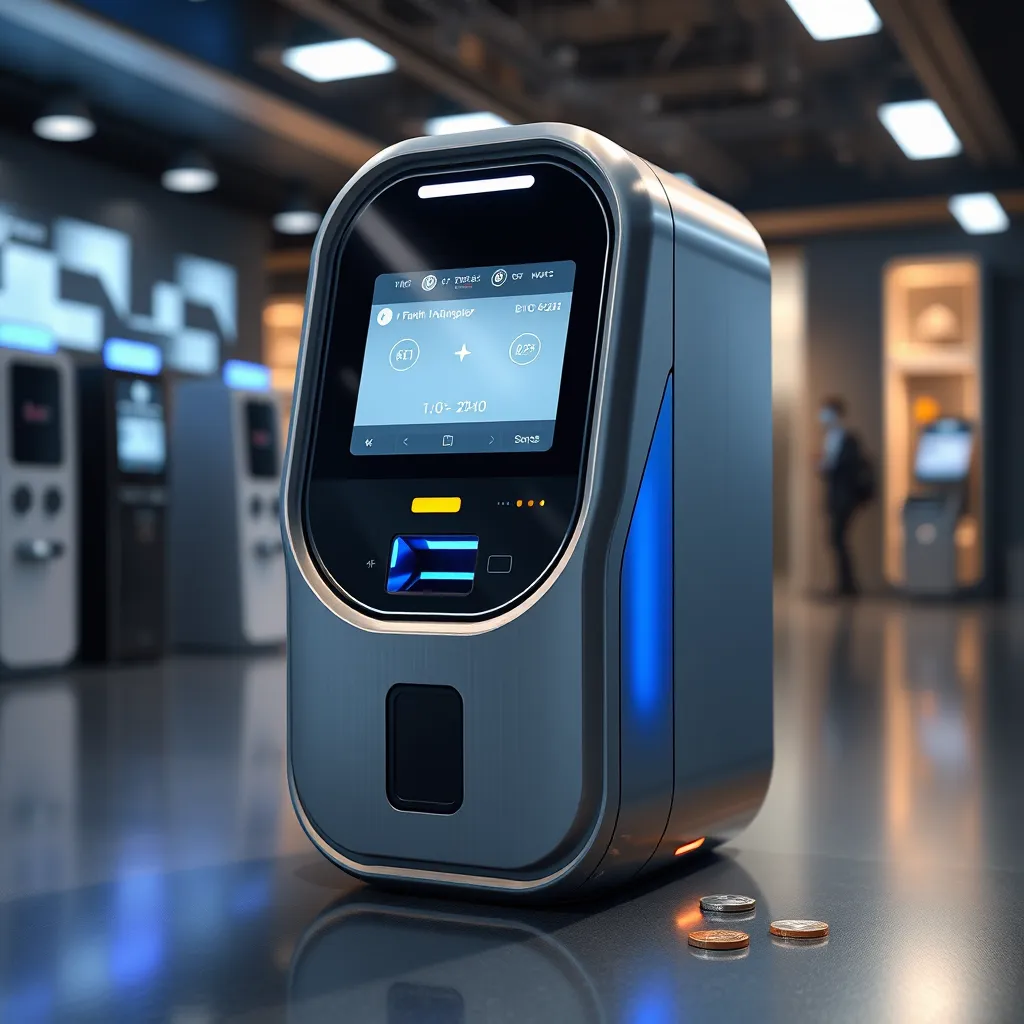 A custom coin acceptor, showcasing its unique design and features. The coin acceptor should be centered in a well-lit tech showroom environment, with soft diffused lighting highlighting the sleek curves and details of the device. The color palette should include metallic silvers and blues, conveying a modern and high-tech mood. The camera angle should be slightly elevated, providing a clear view of the acceptor's interface and coin slot. Surrounding elements should include a subtle blurred background representing other high-tech devices, enhancing the focus on the coin acceptor itself. A few shiny coins should be placed next to the acceptor for added context. The image should be in the style of modern product photography, rendered in 8K resolution with hyperrealistic textures, emphasizing the materials used such as brushed metal and glass.