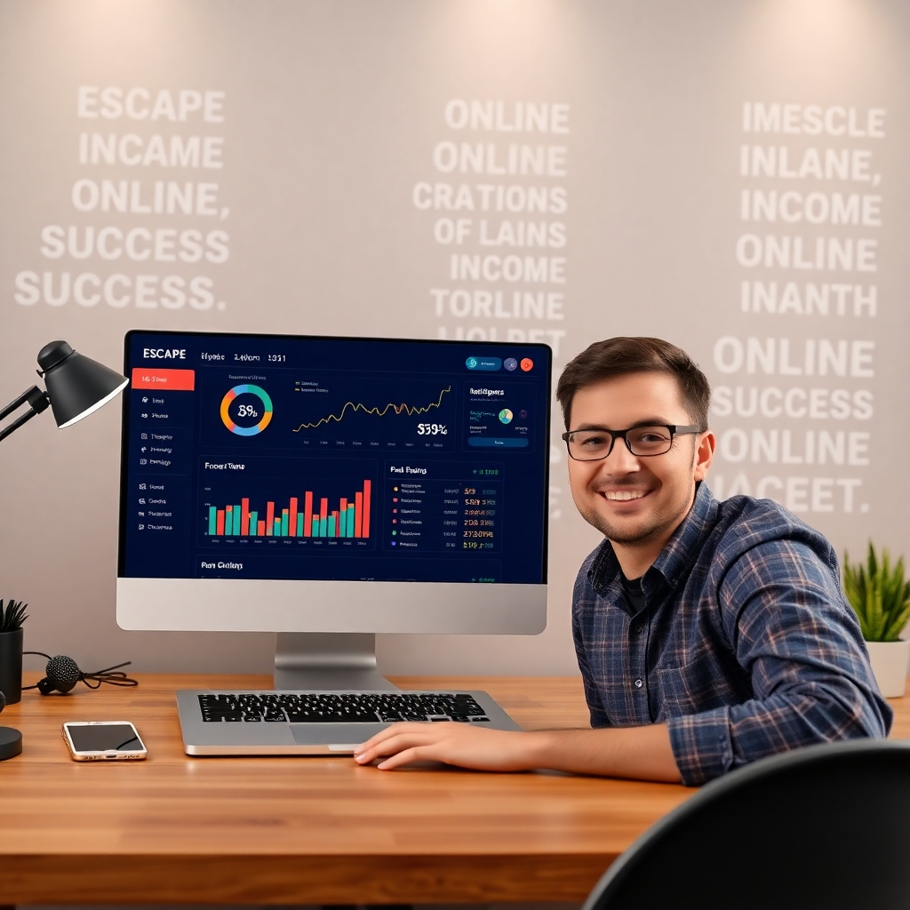A desktop setup displaying a laptop with the Escape Plan IS1 dashboard open, showcasing charts and graphs of income streams. Include a person smiling in front of the computer, with a backdrop of inspirational quotes about online success.
