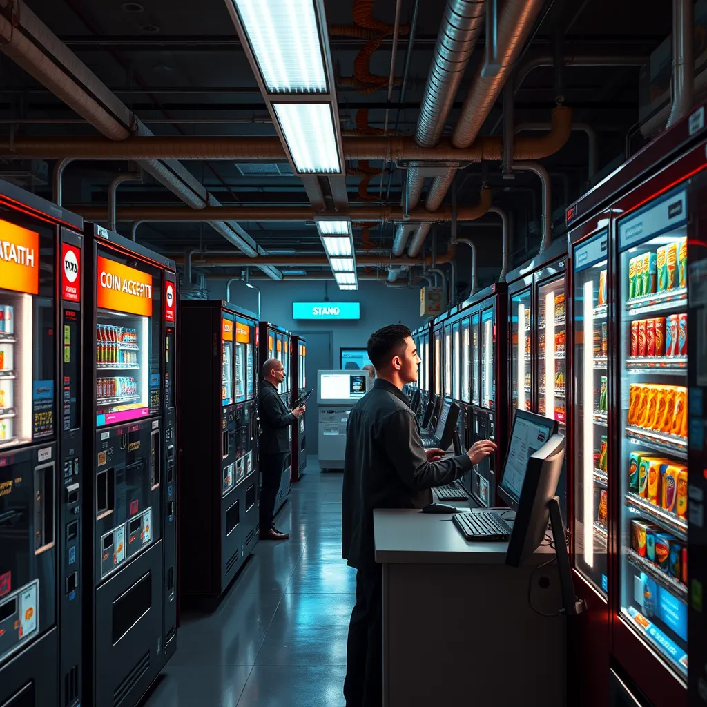 A detailed, photorealistic image depicting a busy vending facility with multiple coin acceptors in action, showing employees monitoring operations on a computer, illustrating efficiency and reduced labor costs.