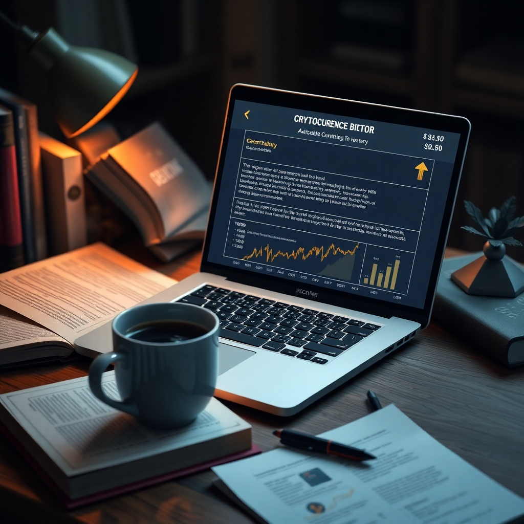A detailed, photorealistic image of a cozy study space with a laptop displaying educational content about cryptocurrency. Books and charts should be visible, alongside a steaming cup of coffee, evoking a sense of learning and growth.