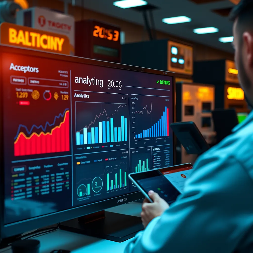 A detailed image of a computer screen displaying analytics and statistics from coin acceptors, alongside a financial report. The background should feature various high-tech devices and a person analyzing the data on a tablet.