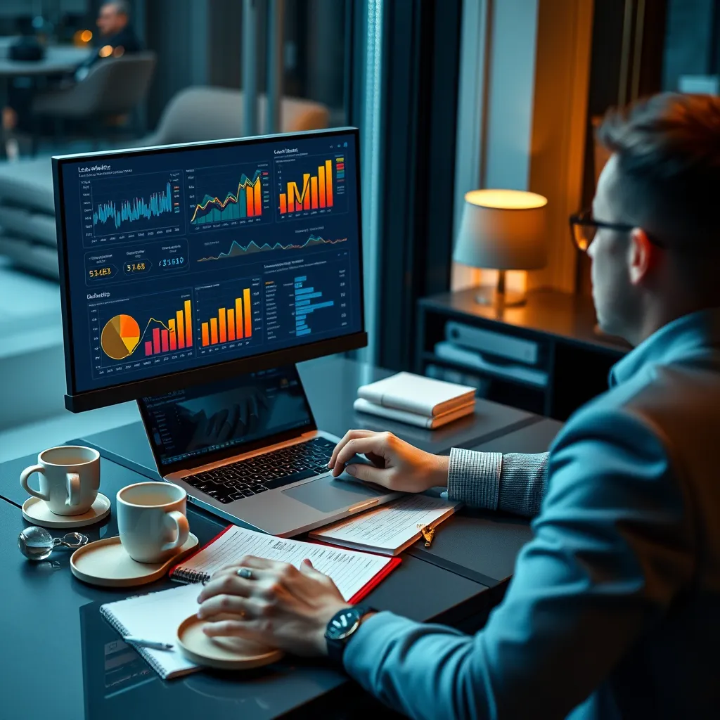 A detailed image of a person sitting at a sophisticated desk reviewing lead analytics on a laptop. The screen displays colorful charts and graphs, and around them are notebooks and coffee cups, suggesting a focus on strategy and planning.