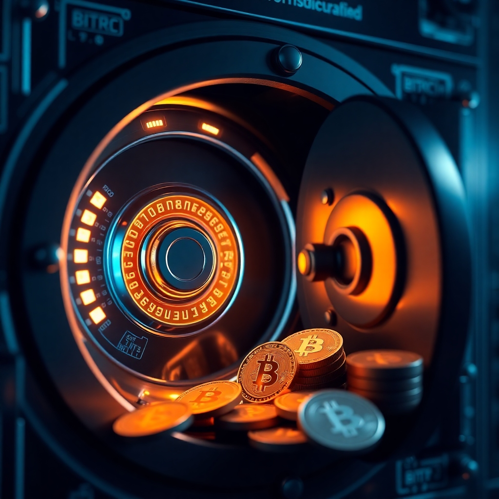 A detailed image of a secure digital vault with glowing electronic locks, representing robust cybersecurity. Overlay graphics of cryptocurrency coins floating near the vault, symbolizing asset protection and trust in the trading platform.