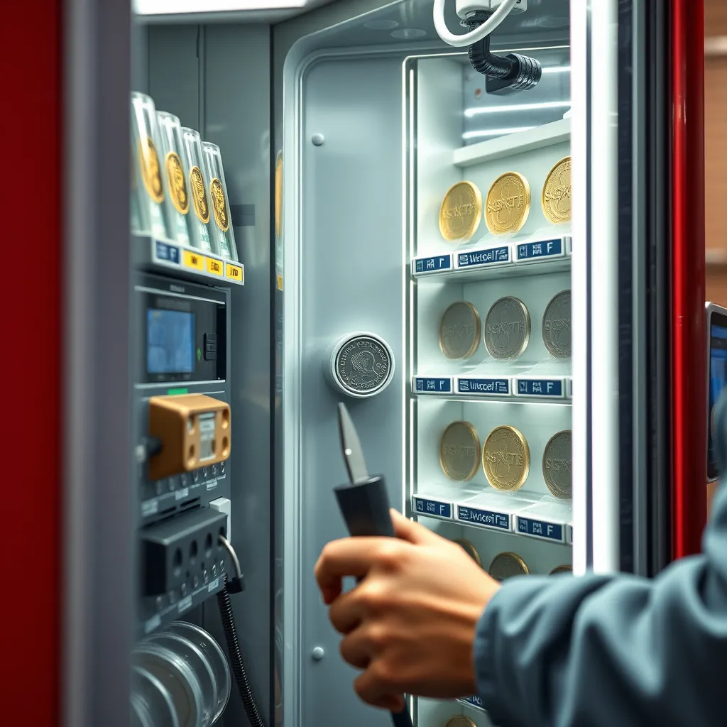 A detailed view of an installation process of a coin acceptor into a vending machine. The scene should show an individual working on the machine, with tools and the acceptor model clearly visible, set in a bright, well-lit workshop environment.