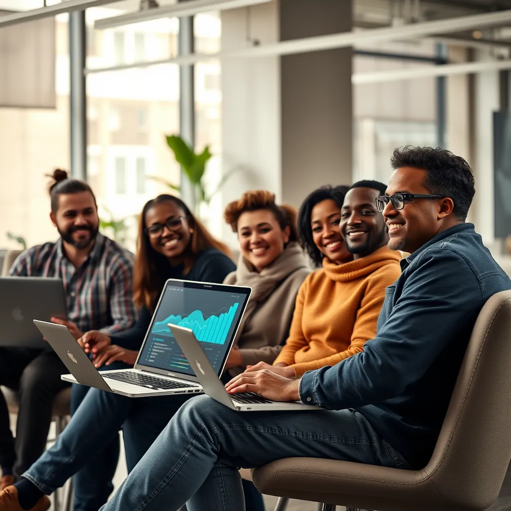 A diverse group of happy users of various ethnicities sitting in a well-lit modern office, sharing success stories about email marketing on laptops. Include graphs or charts in the background showing impressive growth in earnings.
