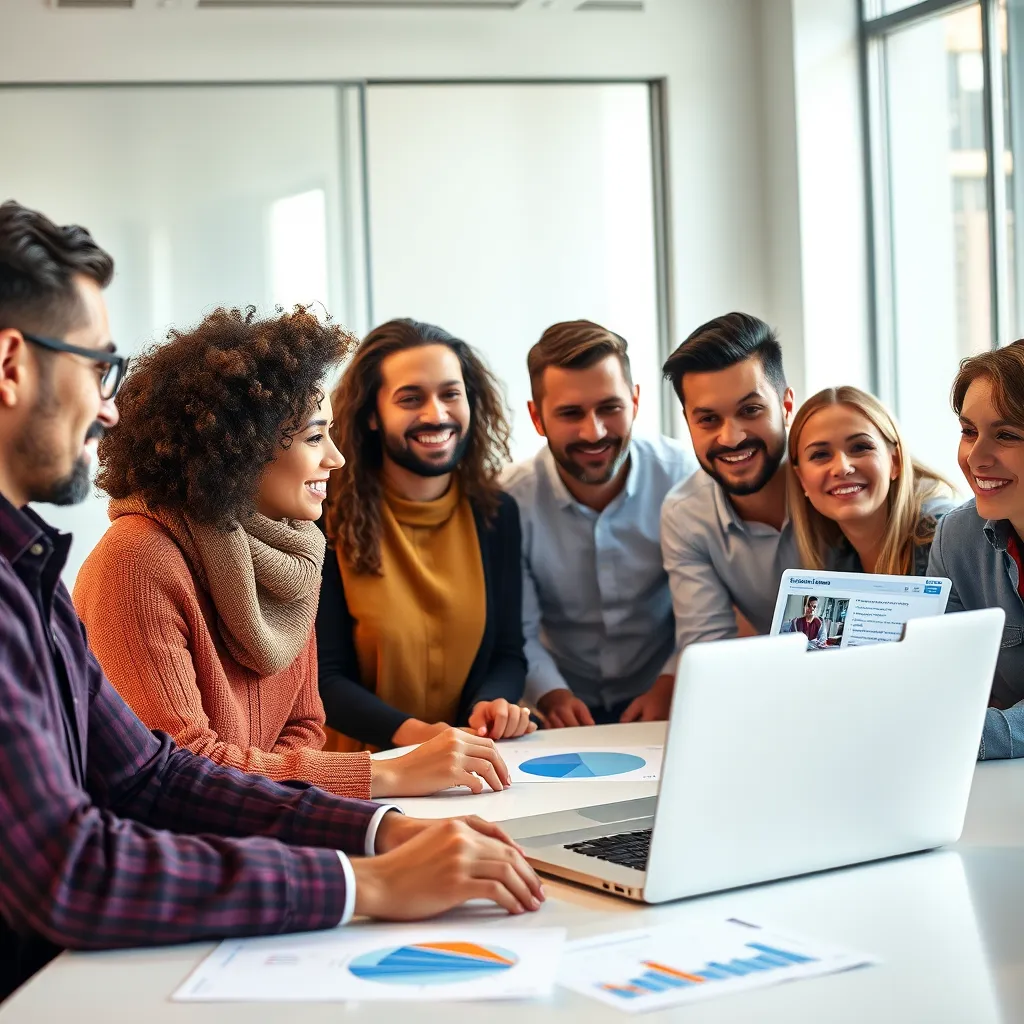 A diverse group of people representing various demographics, gathered around a table discussing marketing strategies. Charts and graphs visible on the table, showing audience insights. A laptop open with a sales page design displayed. Bright yet professional office environment.