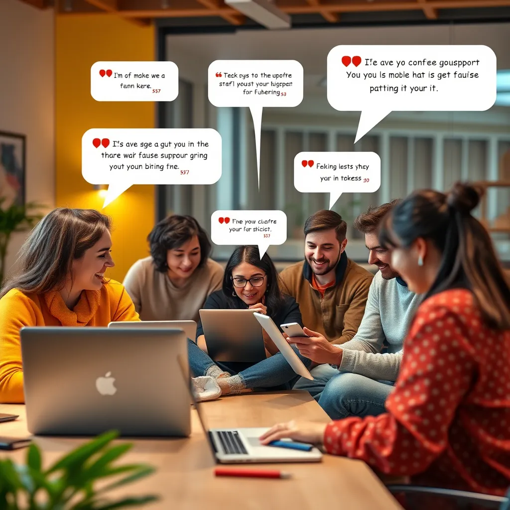 A dynamic community setting featuring a supportive group of users interacting online. Show users engaged in discussions on laptops and tablets, with speech bubbles displaying positive testimonials and support, set in a vibrant, collaborative environment.