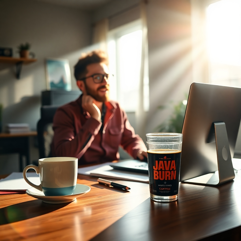 A dynamic morning scene featuring a person energetically working at a desk with a cup of JAVA Burn Coffee beside them, glowing with energy. Bright sunlight beams into the room, highlighting a motivational atmosphere filled with productivity and focus.