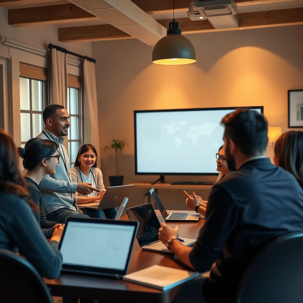 A friendly mentor showing a group of enthusiastic participants in a virtual training session, with laptops open and notes taken, in a cozy, well-lit room that signifies learning and growth.
