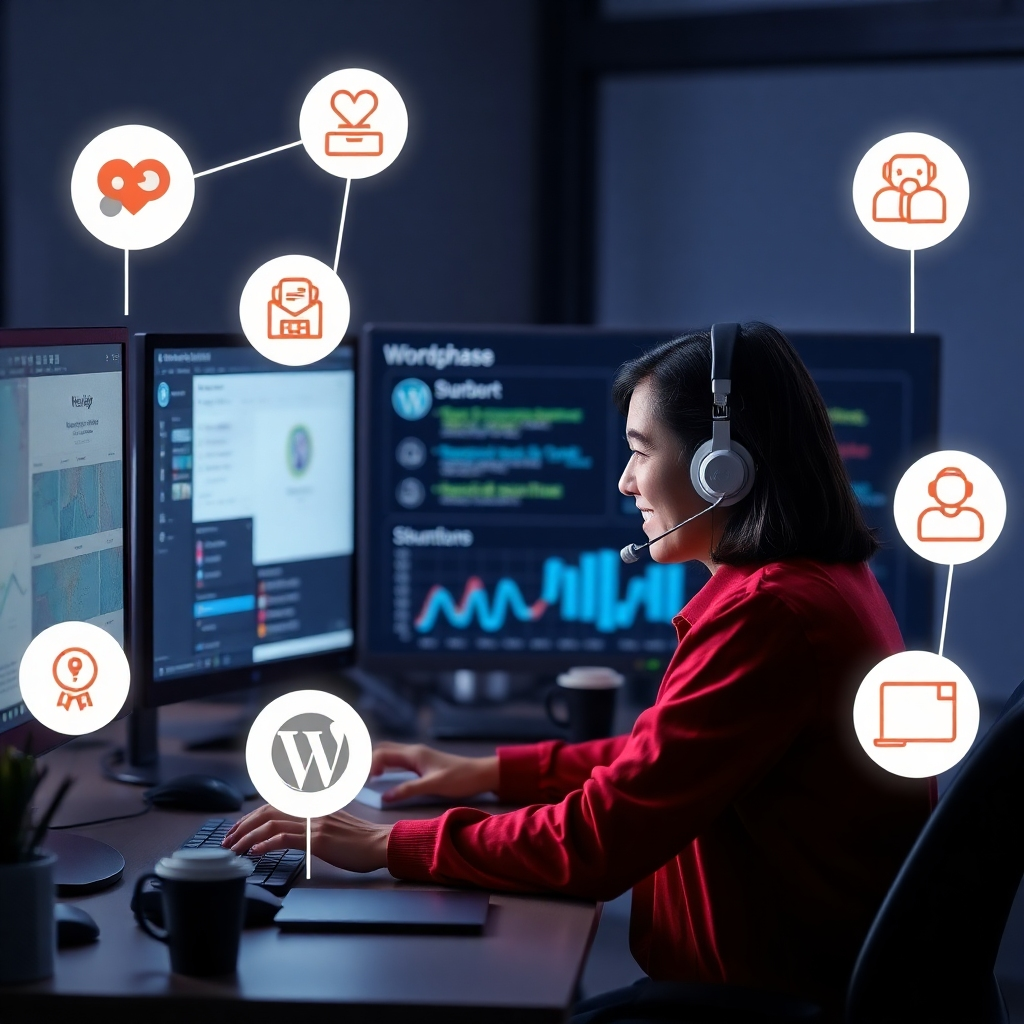 A friendly support scene depicting a person interacting with a computer, surrounded by icons representing help and guides, with a backdrop of a neatly organized WordPress dashboard, symbolizing ease-of-use and accessibility.