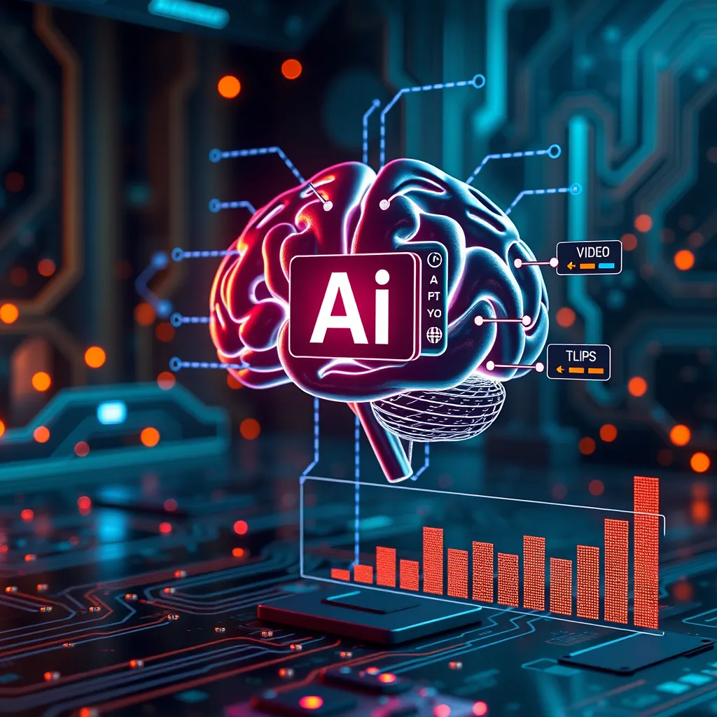 A futuristic setting highlighting an AI brain symbol connected to video editing elements like clips and audio tracks, with an animated chart showing improved engagement stats, all set against a high-tech background with glowing circuits.