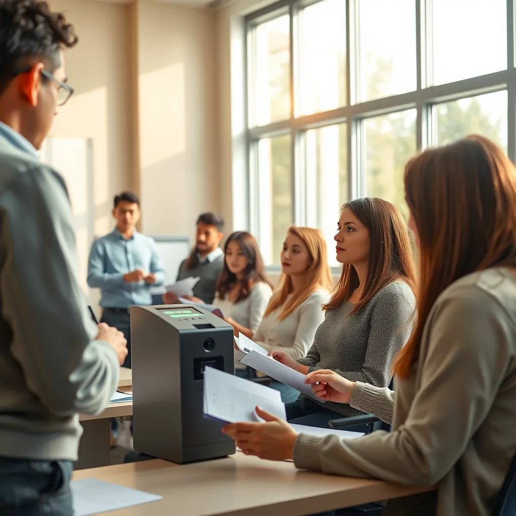 A group of trainees engaged in a training session on how to use coin acceptors. The setting should be in a well-lit classroom, with large windows allowing natural light to flood in, creating a warm and inviting atmosphere. The color palette should incorporate light pastels to maintain a friendly feel. The image should capture the trainer speaking at the front of the room, with close-ups of trainees interacting with a coin acceptor, taking notes, and asking questions. The camera perspective should be wide, allowing a view of both the trainer and the participants, with a focus on engaged expressions and body language. Relevant props like whiteboards, projectors, and training materials should be visible. The image should be styled in a modern educational context, presented in 8K resolution for clarity.