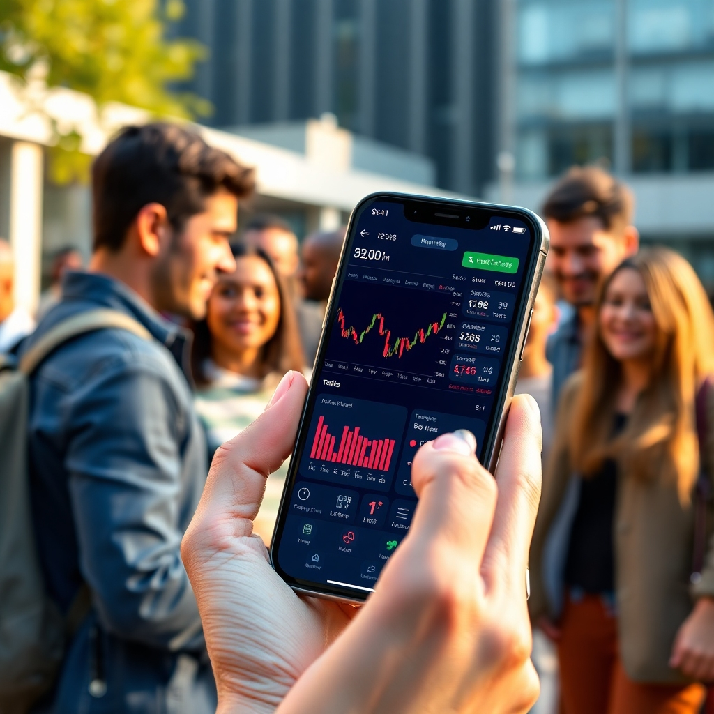 A high-quality, photorealistic image of a user-friendly mobile app interface displaying vibrant charts and trading options in a modern smartphone. The background should feature a diverse group of people happily engaging with the app outdoors, symbolizing a global community.
