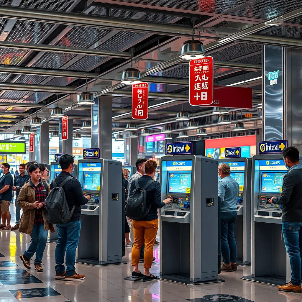 A high-quality, photorealistic image of a busy public place with several people using coin acceptors at kiosks, showing a fast-paced environment with happy customers and smooth transactions taking place.