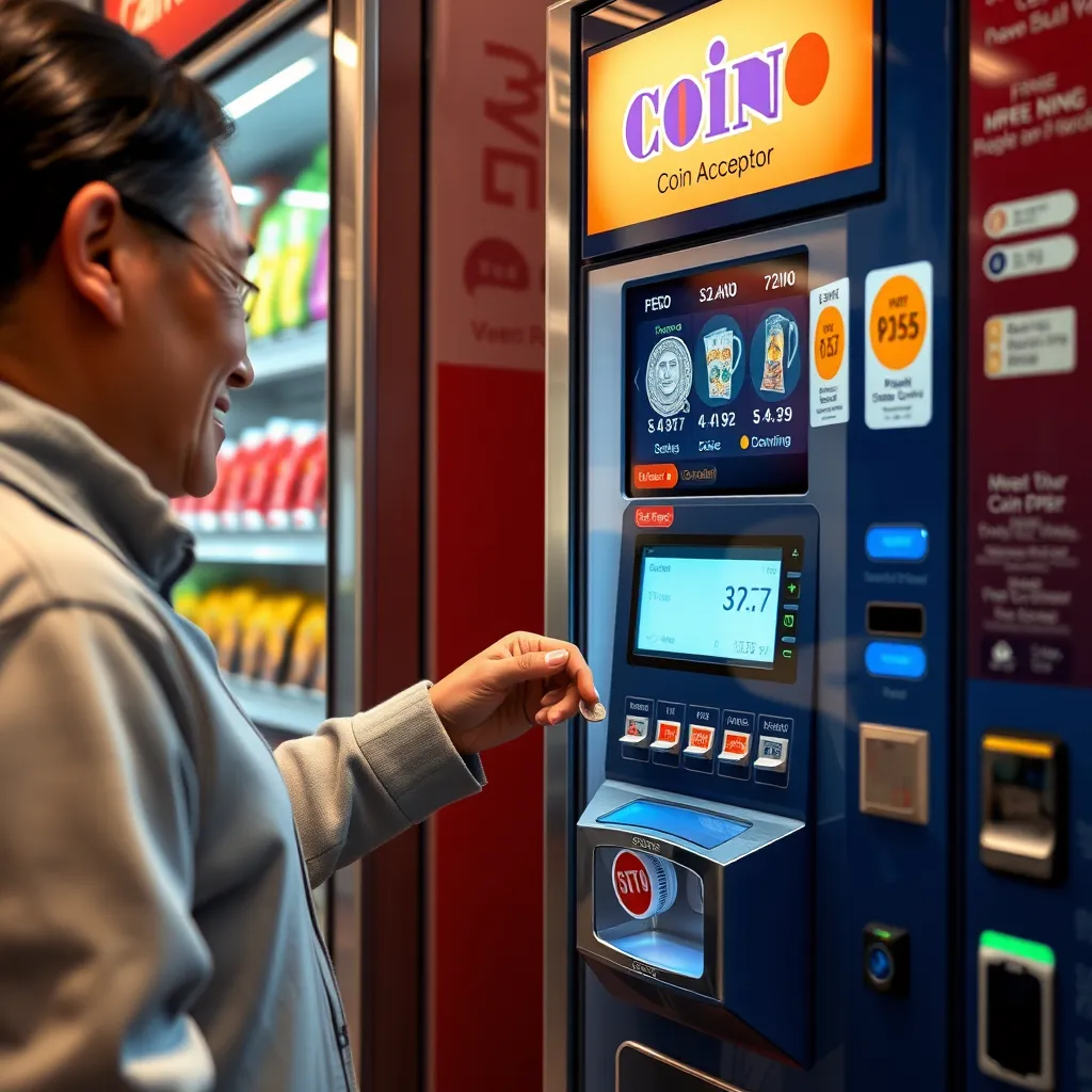 A high-quality, photorealistic image of a coin acceptor machine in use at a vending machine, showing a satisfied customer inserting coins, with clear digital displays and a vibrant vending machine background.