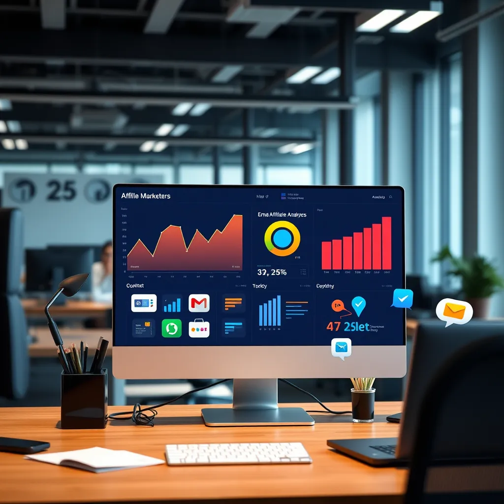 A high-quality image depicting a digital workspace with various tech tools for affiliate marketers: a computer screen displaying real-time analytics graphs, colorful icons of email automation tools, and sales funnels, set in a professional office environment.