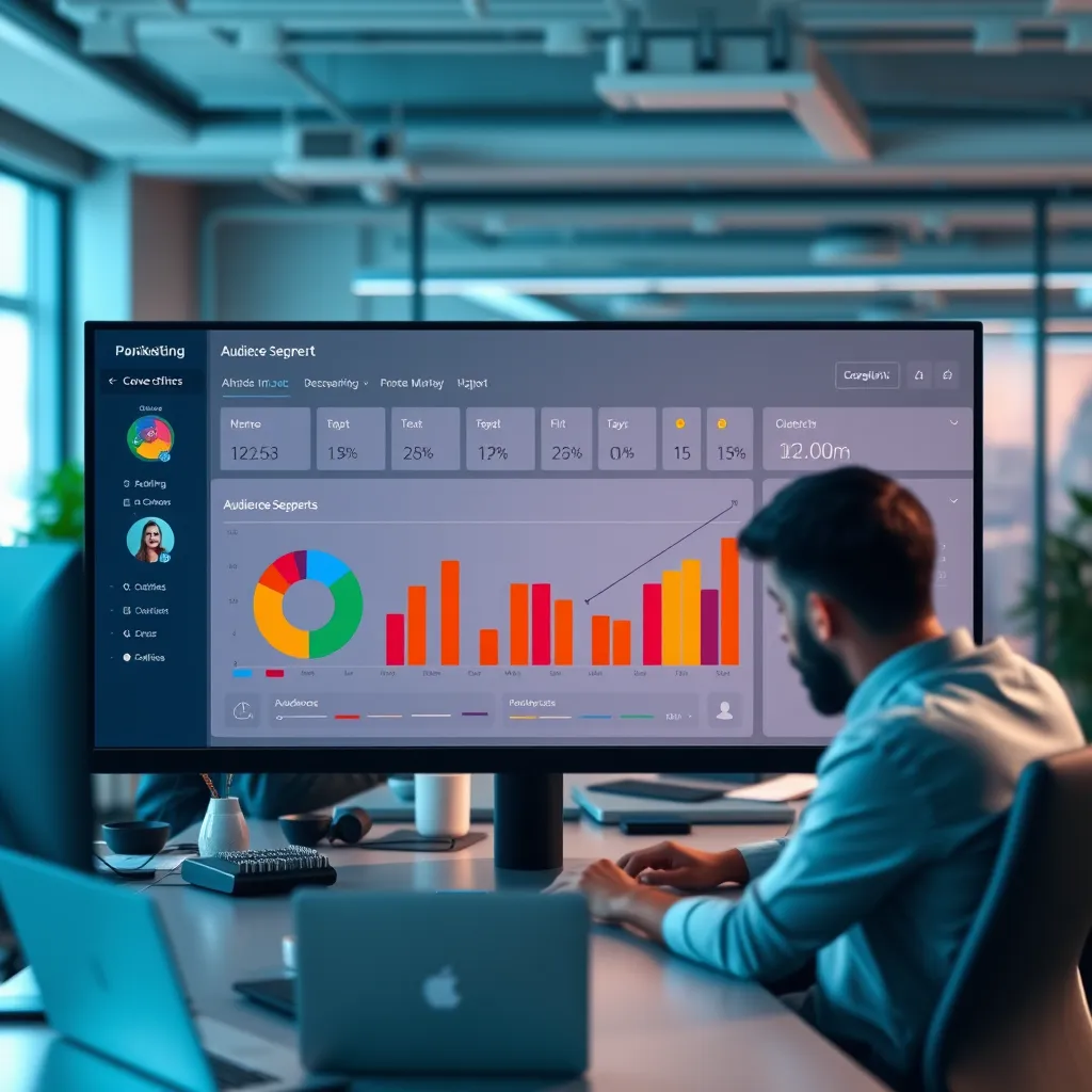 A high-quality image depicting a digital marketing dashboard showcasing various audience segments, with vibrant charts and data points. The background features a modern office space with a marketing team intensely collaborating over a computer.