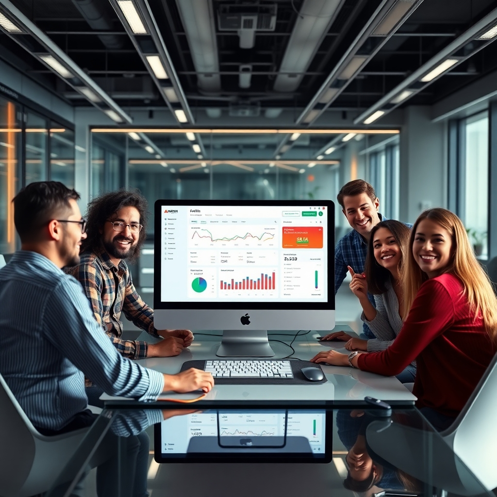 A high-tech, sleek office space with a computer screen displaying an automated affiliate marketing dashboard, while a diverse group of people are happily collaborating, showing ease and excitement about online earnings.