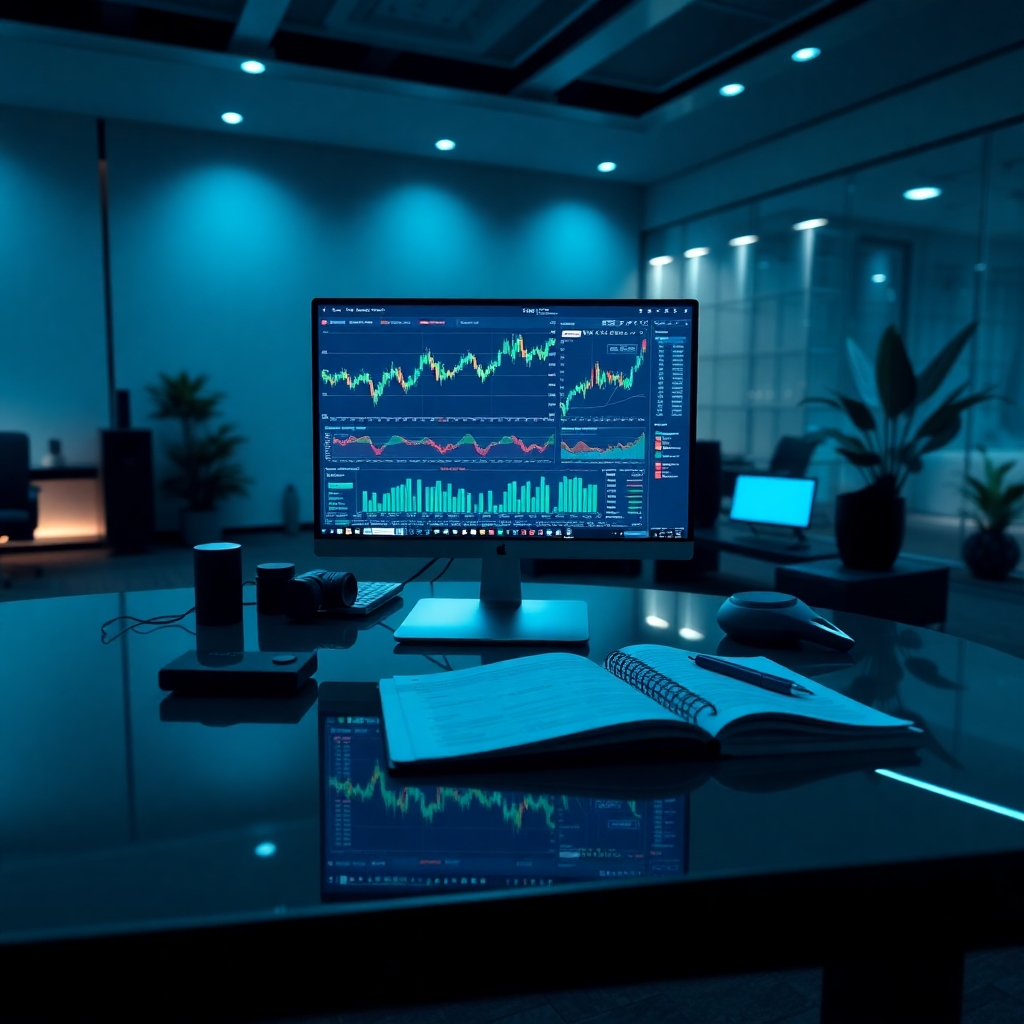 A modern digital workspace showcasing a computer screen filled with dynamic crypto trading charts and data. The setting is illuminated by soft diffused lighting, creating a calm and focused atmosphere. A sleek desk with high-end materials is featured, including a glass surface reflecting the light. The color palette consists of cool blues and greens, conveying trust and stability. The camera angle is a bird's eye view capturing the entire desk setup, adorned with electronic trading gadgets and a notebook filled with market notes. Background elements include a stylish office environment with hints of technology, like smart speakers and plants, contributing to a contemporary feel. The overall image is ultra-detailed and hyperrealistic, with a resolution of 8K, aiming for a professional, immersive look.