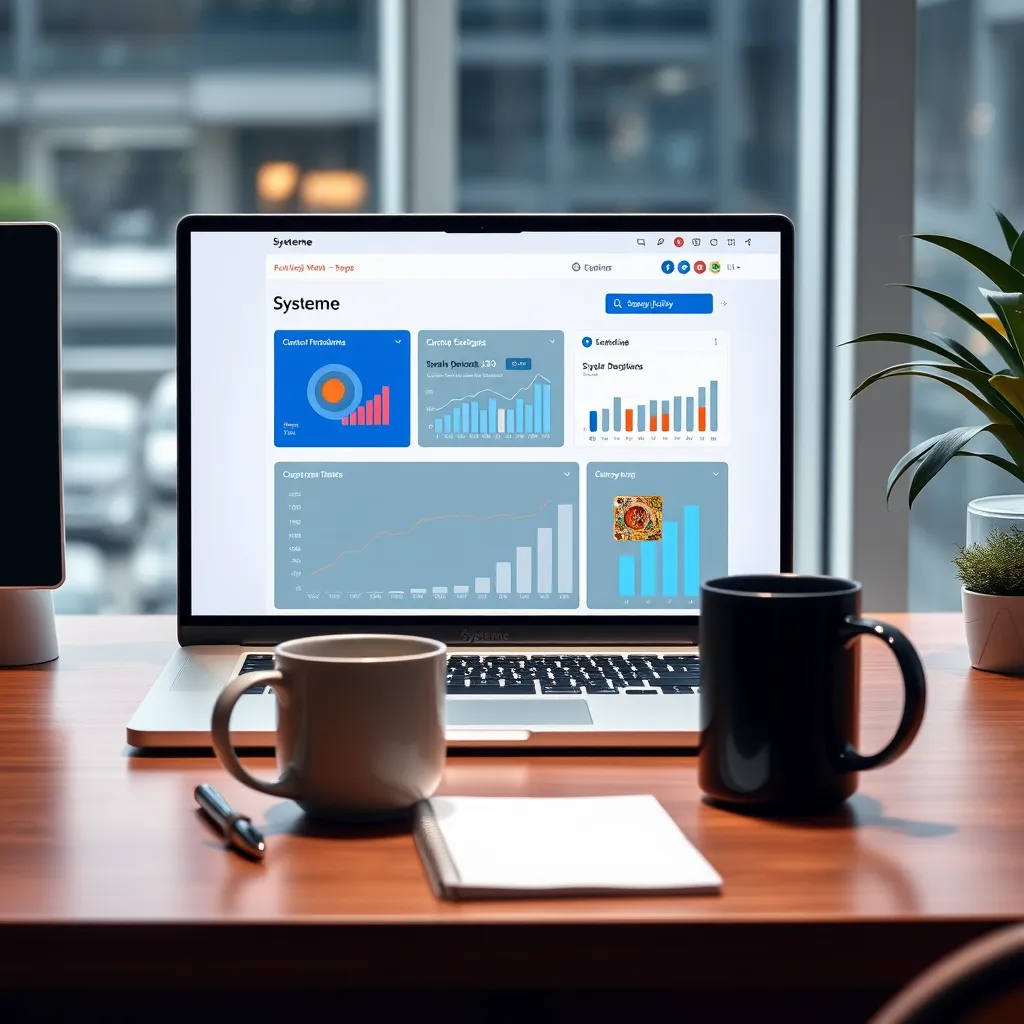 A modern office desk setup featuring a laptop displaying the Systeme dashboard. The screen should show a user-friendly interface with charts and graphs. Include a coffee mug, notepad, and some greenery, emphasizing a productive work environment.