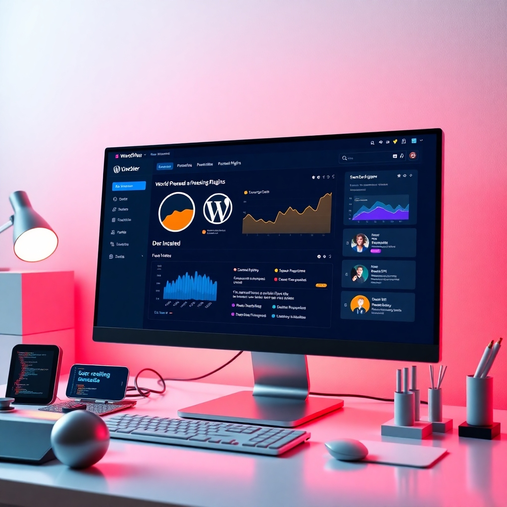 A modern, sleek computer screen displaying a vibrant WordPress dashboard with various premium plugins activated. The screen should show interactive graphs and features, surrounded by related tech items like code snippets, design tools, and digital marketing elements.