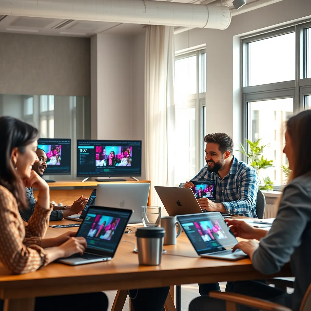 A modern workspace with a diverse group of people collaborating over laptops and tablets, showcasing the FlexClip A.I. interface on screens, vibrant visuals of video editing features, and expressions of excitement and creativity, brightening the room with natural light.