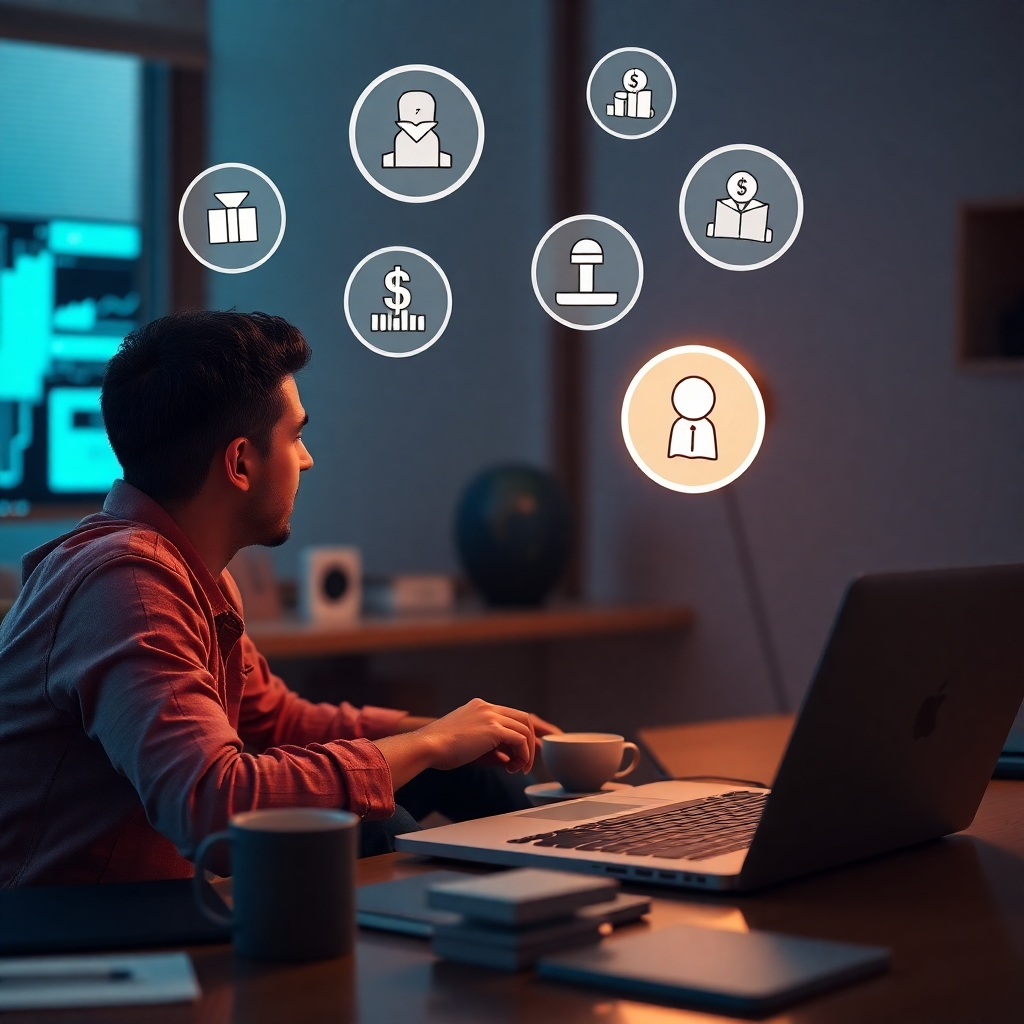 A person sitting at a laptop, analyzing a single link on the screen while several floating icons represent different income streams around them. The workspace should look organized and modern, emphasizing productivity and focus on a singular promotion strategy.