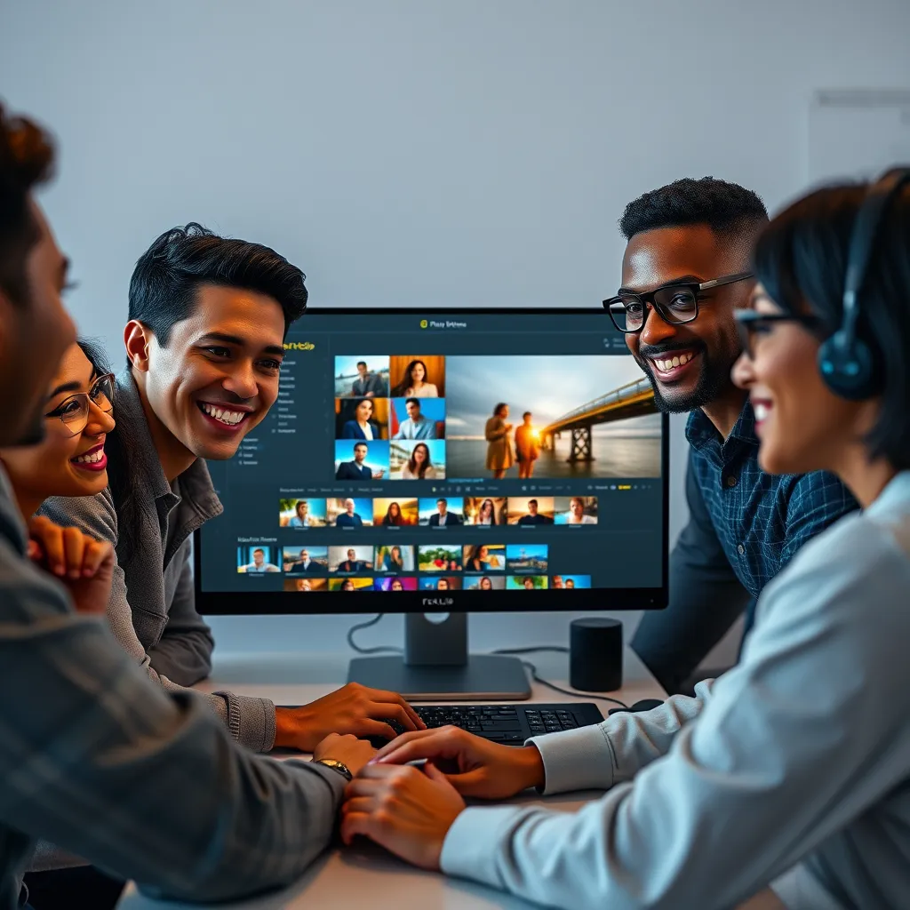 A photorealistic image of a diverse group of people, including a beginner and a professional, smiling while using a computer to edit videos on FlexClip A.I. The screen shows an intuitive dashboard with drag-and-drop features, surrounded by colorful video thumbnails.