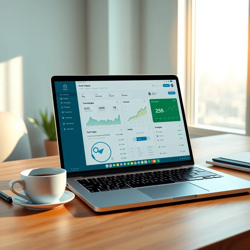 A photorealistic image of a modern affiliate dashboard displayed on a sleek laptop. The scene is well-lit with soft diffused lighting creating an inviting atmosphere. The color palette features calming blues and greens. The camera angle is a slight top-down perspective, highlighting the detailed interface of the dashboard with real-time analytics and graphs. Textures on the laptop are smooth and polished, with the desk surface showing a natural wood grain. A cup of coffee sits beside the laptop, adding a cozy, productive vibe. The background displays a bright window with a view of a cityscape. The style references evoke a contemporary workspace aesthetic, and the image should be rendered in 8K resolution with hyperrealistic detail.