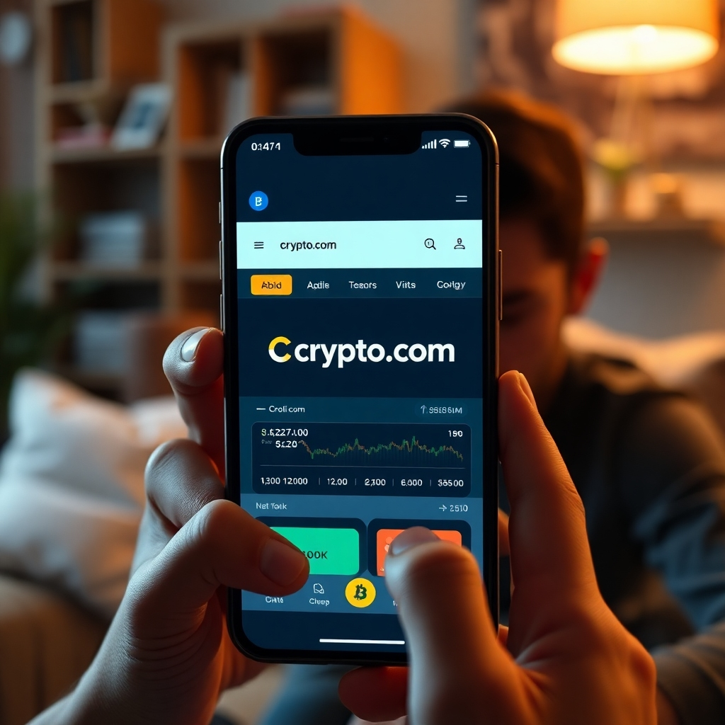 A photorealistic image of a modern smartphone displaying the Crypto.com trading app on its screen. The background features a cozy home environment with a user intently focused on the phone, illustrating a user-friendly interface that's visually appealing and easy to navigate.