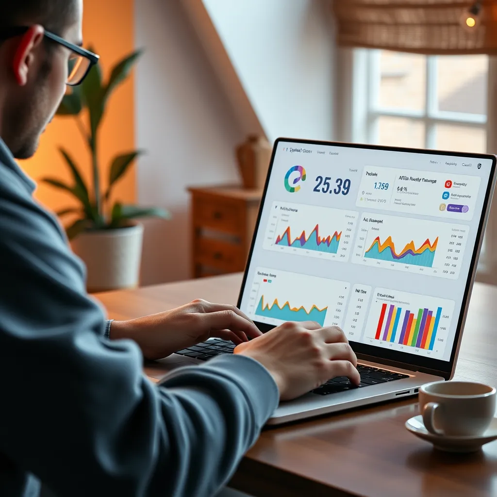 A photorealistic image of a user engaging with the Systeme interface on a laptop, showcasing a clean, modern dashboard with easy-to-navigate menus and colorful graphs representing affiliate marketing performance, all in a cozy and inviting workspace.