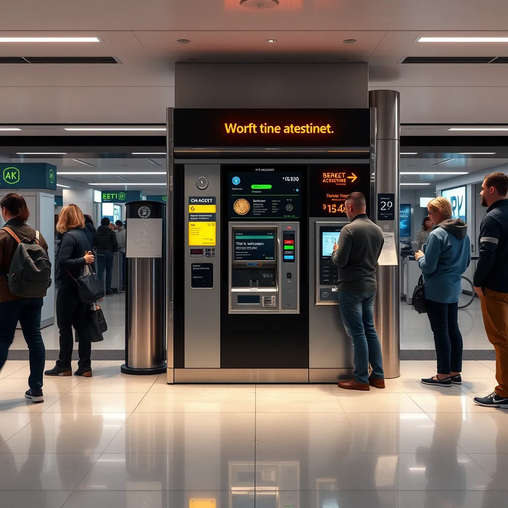 A photorealistic image showcasing a modern coin acceptor machine in use at a public time management station, with people paying for parking or services. The scene should capture a digital display showing successful transactions and a clean, organized environment.
