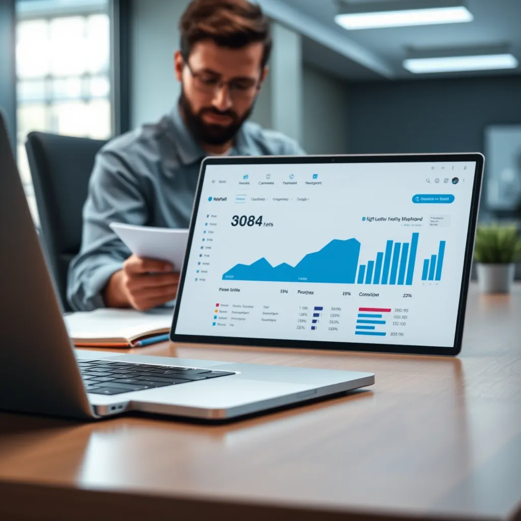 A photorealistic office setting featuring a modern laptop displaying an email marketing dashboard with high open rates. In the background, a focused professional reviewing leads on a notepad, with charts and graphs illustrating growth in email engagement.