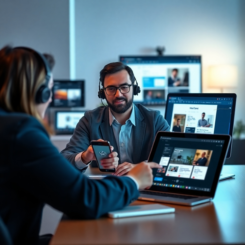 A professional WordPress support team member engaged in a video call, assisting a client. The background should display multiple devices (laptop, tablet, smartphone) showcasing the integrated themes and plugins, symbolizing accessibility and user support.