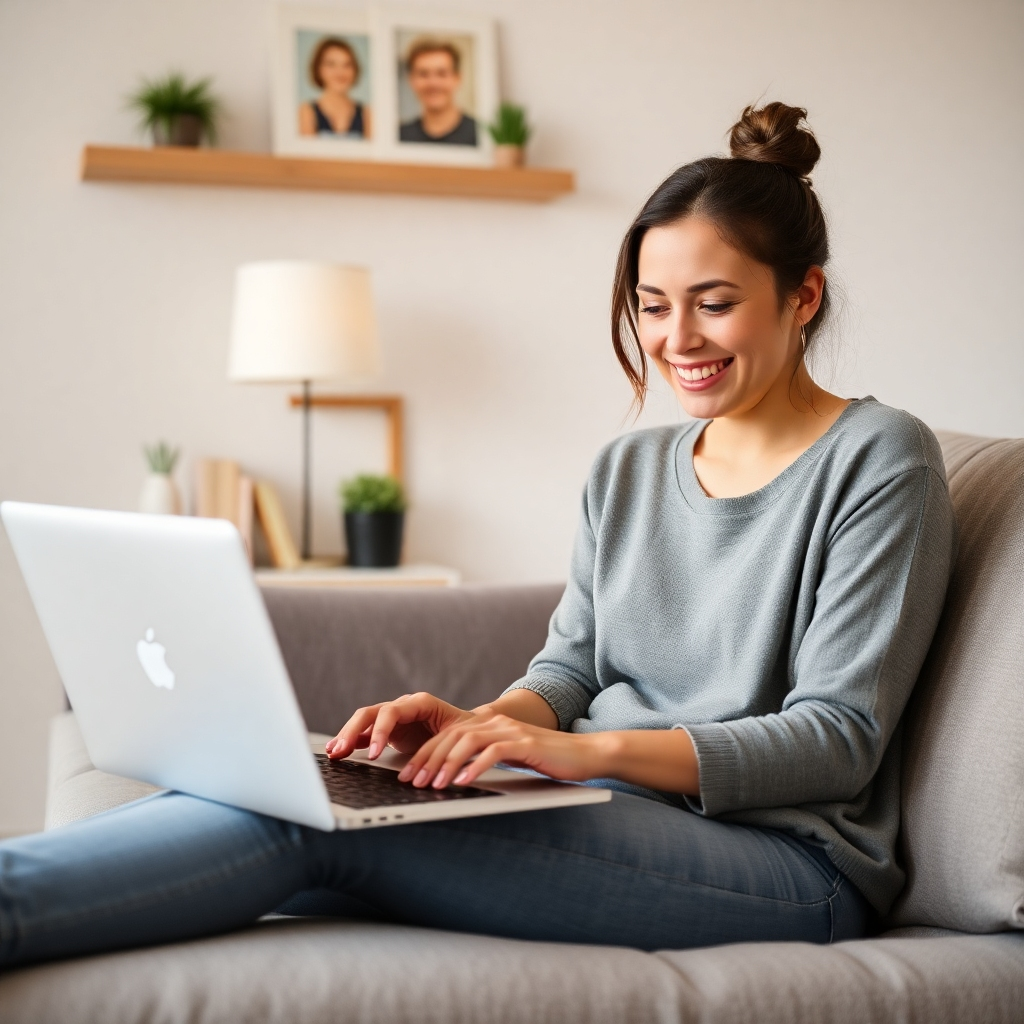 Design a vibrant image of a person enthusiastically engaging with a laptop, with the IFTF system interface displayed on the screen. The scene is well-lit with bright, inviting lighting that conveys energy and enthusiasm. The color scheme should include lively yellows and greens, symbolizing growth and opportunity. The camera angle is eye-level, capturing the user's focused expression and the laptop’s screen clearly, showcasing various system features. The surfaces have a sleek, modern look with a glass and metal aesthetic, and relevant props like a notepad and a smartphone should be visible. The background should include a stylish, minimalist office space with motivational artwork. Ensure the image is at least 8K resolution and hyperrealistic, highlighting the engaging atmosphere of online success.